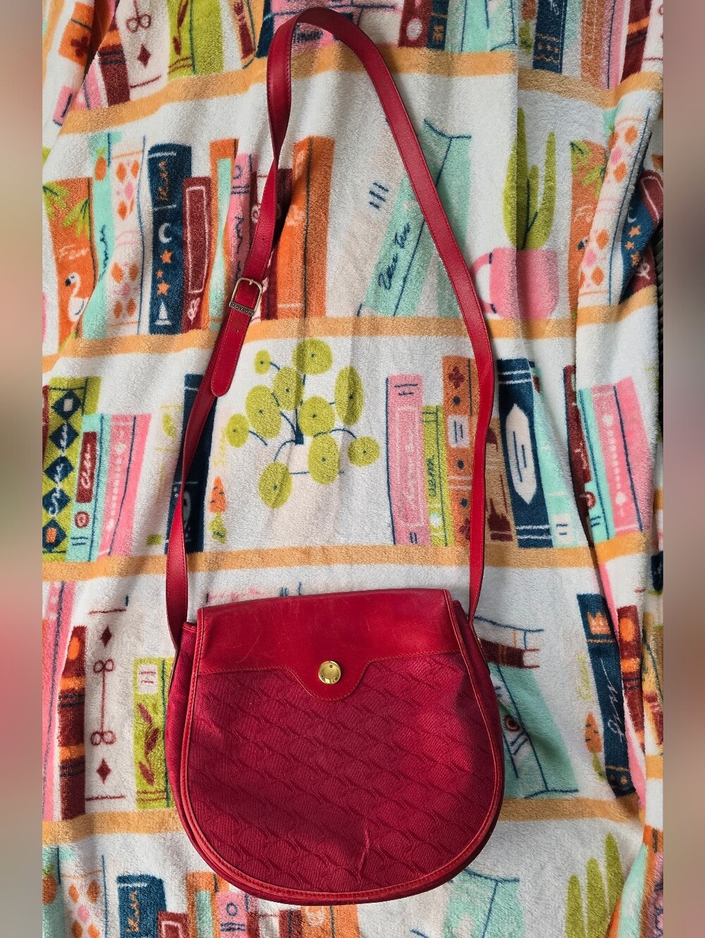 Rare Vintage Movado Made In Italy Red Saddle Crossbody Bag Monogram Embossed Bag